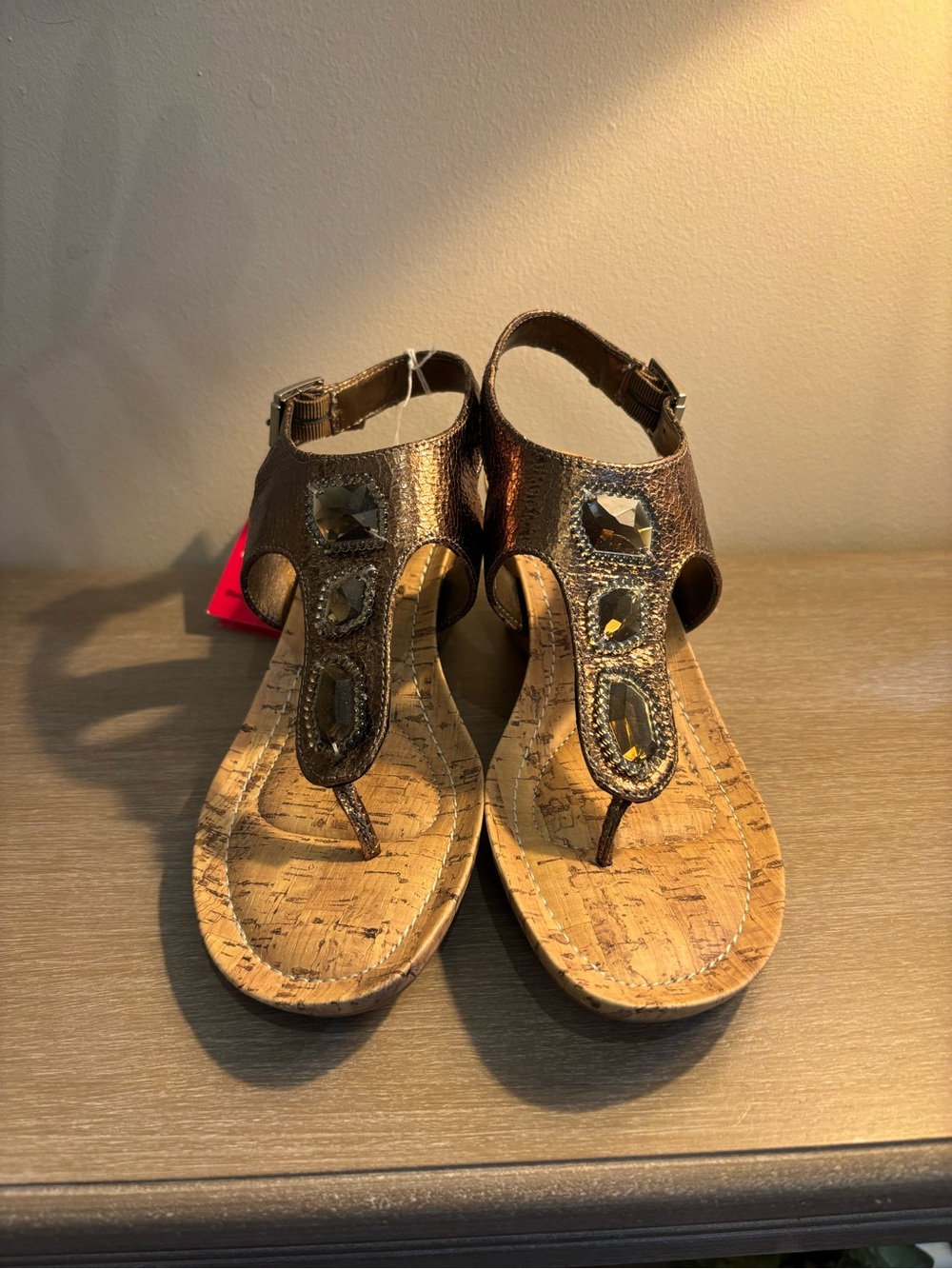 Metallic Bronze Jeweled Cork Thong Sandal Wedges